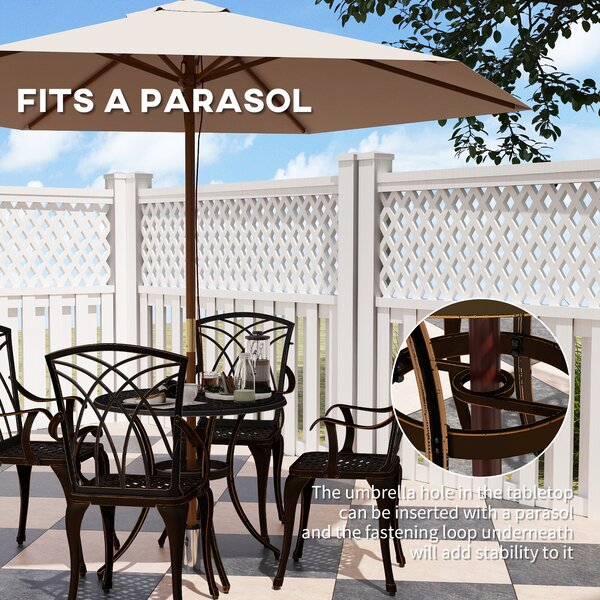Outsunny 5 Pieces Garden Dining Set for 4, Cast Aluminium Outdoor Dining Set with 4 Armchairs and Round Dining Table with Parasol Hole, Bronze Tone
