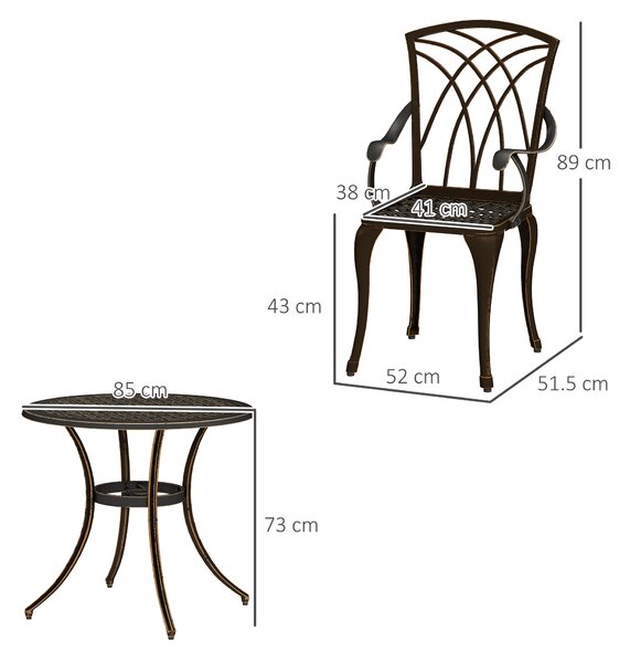 Outsunny 5 Pieces Garden Dining Set for 4, Cast Aluminium Outdoor Dining Set with 4 Armchairs and Round Dining Table with Parasol Hole, Bronze Tone