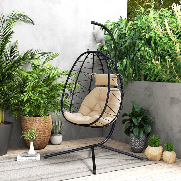 Outsunny Hanging Egg Chair Garden Swing Chair with Basket, Cushion, Garden Hanging Chair with Stand, Headrest for Patio, Balcony, Khaki