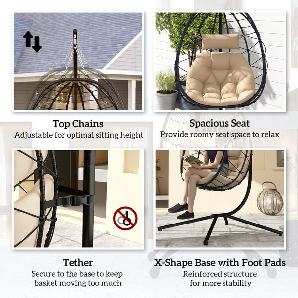 Outsunny Hanging Egg Chair Garden Swing Chair with Basket, Cushion, Garden Hanging Chair with Stand, Headrest for Patio, Balcony, Khaki