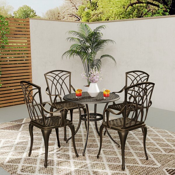 Outsunny 5 Pieces Garden Dining Set for 4, Cast Aluminium Outdoor Dining Set with 4 Armchairs and Round Dining Table with Parasol Hole, Bronze Tone