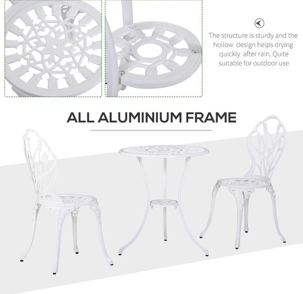 Outsunny 3 Piece Patio Bistro Set for 2, Outdoor Aluminium Garden Table and Chairs with Umbrella Hole for Balcony, White