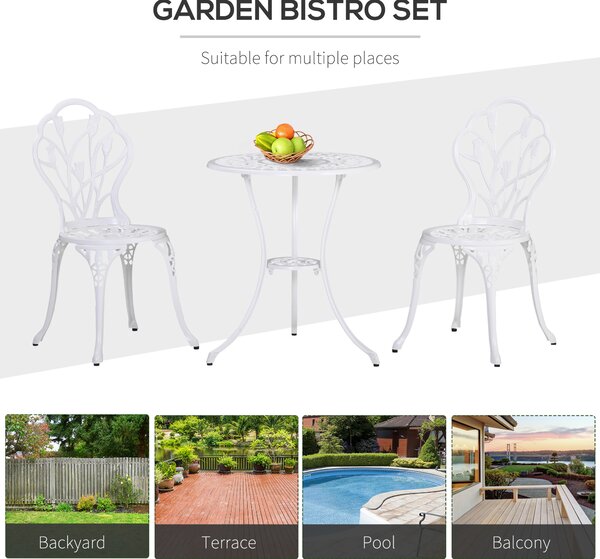 Outsunny 3 Piece Patio Bistro Set for 2, Outdoor Aluminium Garden Table and Chairs with Umbrella Hole for Balcony, White