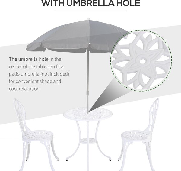 Outsunny 3 Piece Patio Bistro Set for 2, Outdoor Aluminium Garden Table and Chairs with Umbrella Hole for Balcony, White