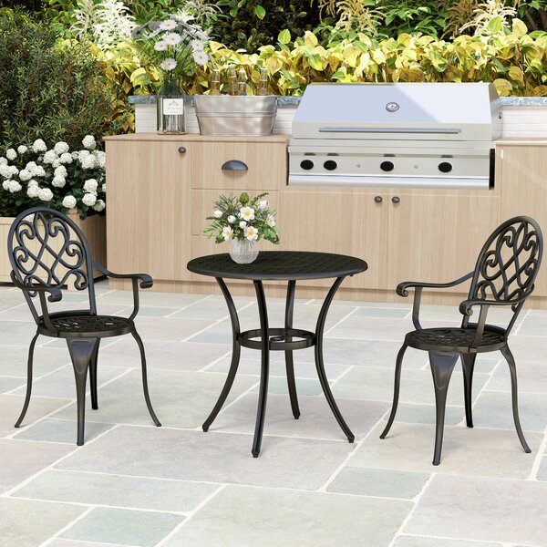 Outsunny 3 Piece Patio Bistro Set for 2, Outdoor Aluminium Garden Table and Chairs with Adjustable Footpads for Balcony, Garden and Patio, Black