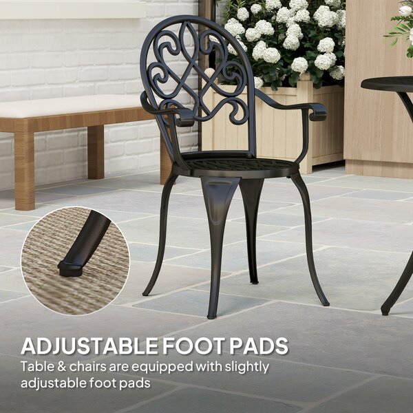 Outsunny 3 Piece Patio Bistro Set for 2, Outdoor Aluminium Garden Table and Chairs with Adjustable Footpads for Balcony, Garden and Patio, Black