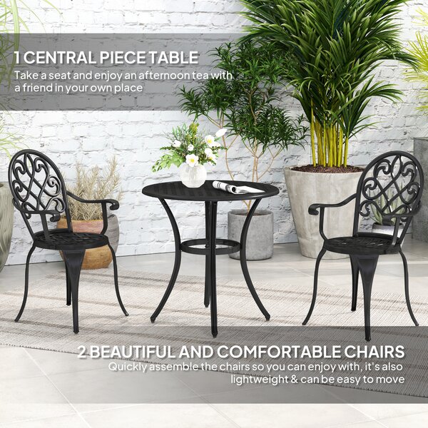 Outsunny 3 Piece Patio Bistro Set for 2, Outdoor Aluminium Garden Table and Chairs with Adjustable Footpads for Balcony, Garden and Patio, Black