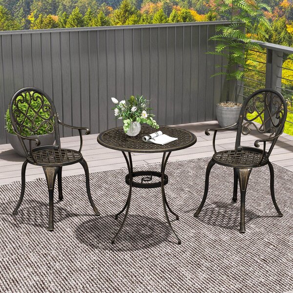 Outsunny 3 Piece Patio Bistro Set for 2, Outdoor Aluminium Garden Table and Chairs with Adjustable Footpads for Balcony, Garden and Patio, Bronze Tone