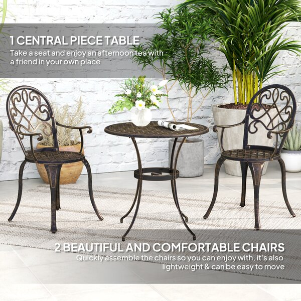 Outsunny 3 Piece Patio Bistro Set for 2, Outdoor Aluminium Garden Table and Chairs with Adjustable Footpads for Balcony, Garden and Patio, Bronze Tone