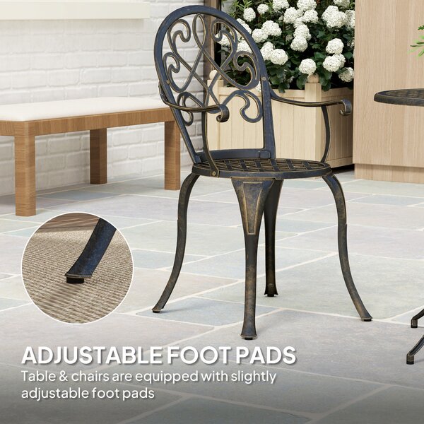 Outsunny 3 Piece Patio Bistro Set for 2, Outdoor Aluminium Garden Table and Chairs with Adjustable Footpads for Balcony, Garden and Patio, Bronze Tone