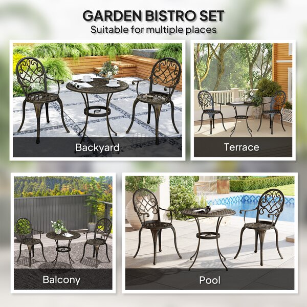 Outsunny 3 Piece Patio Bistro Set for 2, Outdoor Aluminium Garden Table and Chairs with Adjustable Footpads for Balcony, Garden and Patio, Bronze Tone