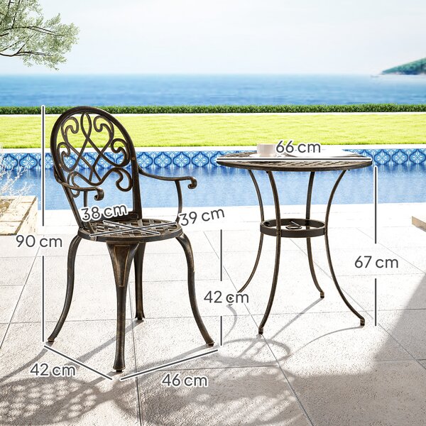 Outsunny 3 Piece Patio Bistro Set for 2, Outdoor Aluminium Garden Table and Chairs with Adjustable Footpads for Balcony, Garden and Patio, Bronze Tone
