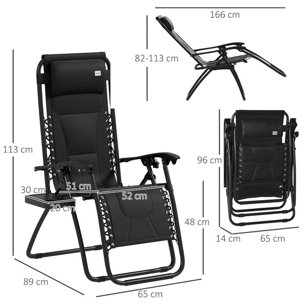 Outsunny Foldable Reclining Garden Chair, Zero Gravity Chair with Padded Seat, Cup Holder, Adjustable Backrest, Pillow for Outdoor, Patio, Deck, Black