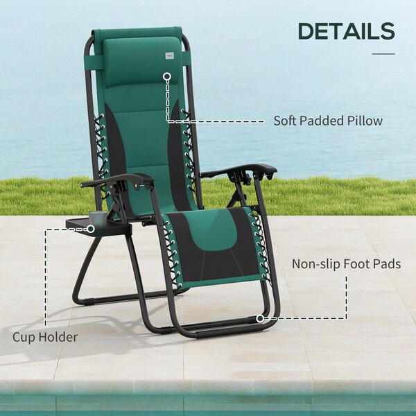 Outsunny Foldable Reclining Garden Chair Set of 2, Zero Gravity Chairs with Padded Seat, Cup Holder, Adjustable Backrest for Patio, Deck, Green