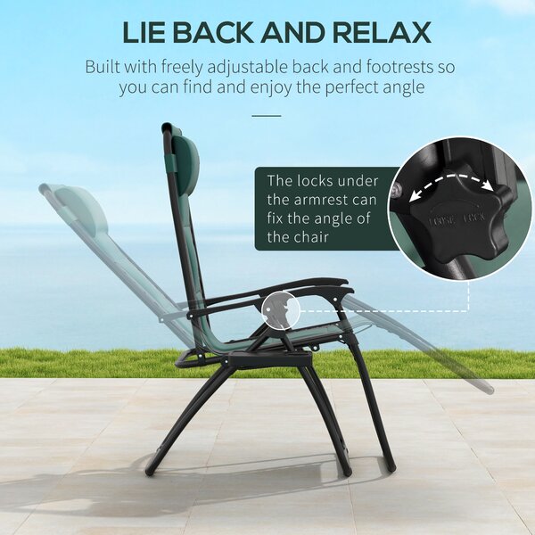 Outsunny Foldable Reclining Garden Chair Set of 2, Zero Gravity Chairs with Padded Seat, Cup Holder, Adjustable Backrest for Patio, Deck, Green