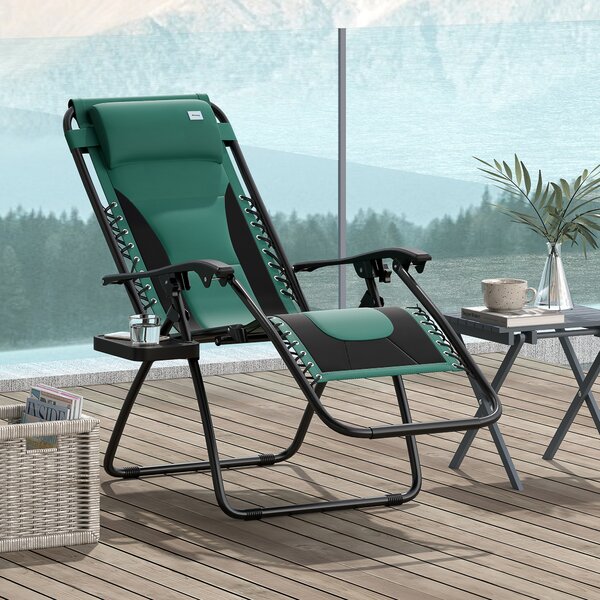 Outsunny Foldable Reclining Garden Chair, Zero Gravity Chair with Padded Seat, Cup Holder, Adjustable Backrest, Pillow for Outdoor, Patio, Deck, Green