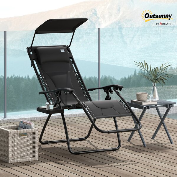 Outsunny Zero Gravity Lounger Chair, Folding Reclining Patio Chair with Shade Cover, Cup Holder, Cushion and Headrest for Poolside, Camping, Black