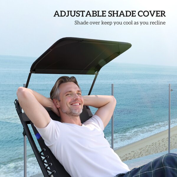 Outsunny Zero Gravity Lounger Chair, Folding Reclining Patio Chair with Shade Cover, Cup Holder, Cushion and Headrest for Poolside, Camping, Black