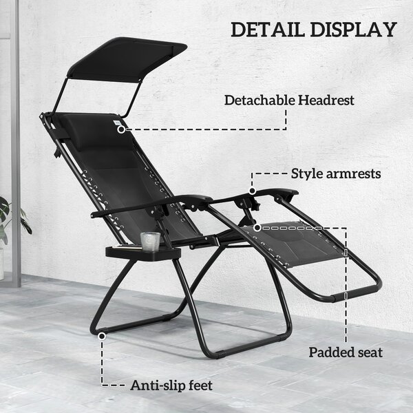 Outsunny Zero Gravity Lounger Chair, Folding Reclining Patio Chair with Shade Cover, Cup Holder, Cushion and Headrest for Poolside, Camping, Black