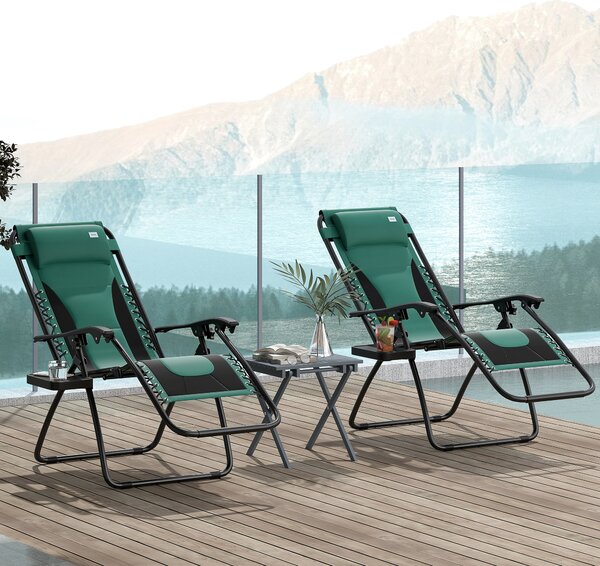 Outsunny Foldable Reclining Garden Chair Set of 2, Zero Gravity Chairs with Padded Seat, Cup Holder, Adjustable Backrest for Patio, Deck, Green