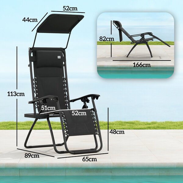 Outsunny Zero Gravity Lounger Chair, Folding Reclining Patio Chair with Shade Cover, Cup Holder, Cushion and Headrest for Poolside, Camping, Black
