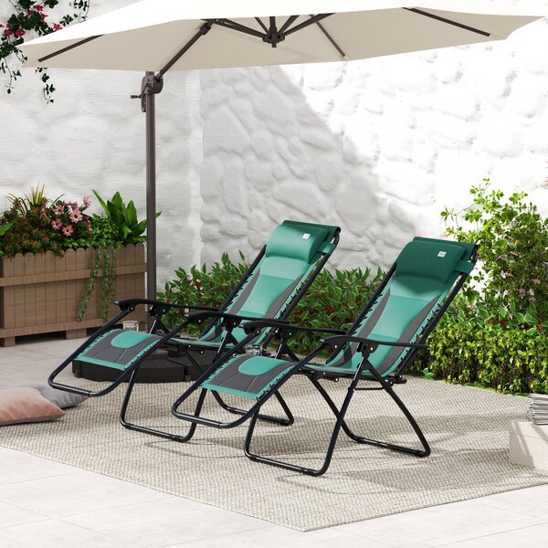 Outsunny Foldable Reclining Garden Chair Set of 2, Zero Gravity Chairs with Padded Seat, Cup Holder, Adjustable Backrest for Patio, Deck, Green