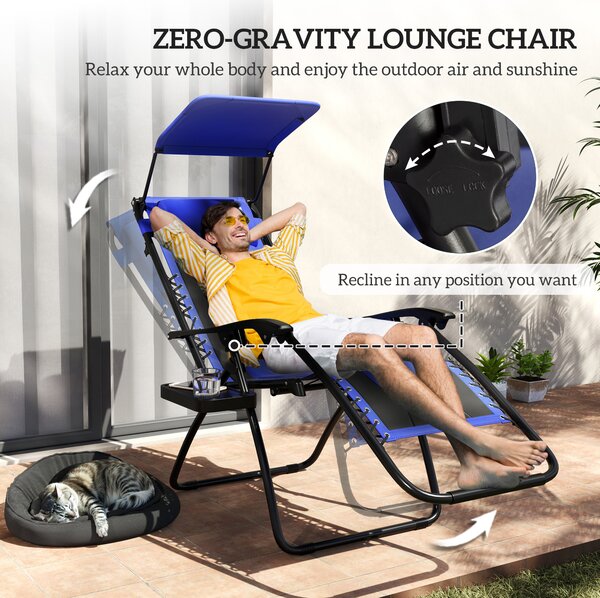 Outsunny Zero Gravity Lounger Chair, Folding Reclining Patio Chair with Shade Cover, Cup Holder, Soft Cushion and Headrest for Poolside, Camping, Blue