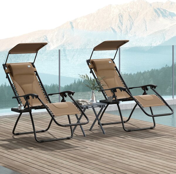 Outsunny Zero Gravity Lounger Chair Set of 2, Folding Reclining Patio Chair with Shade Cover, Cup Holder, Soft Cushion and Headrest, Brown