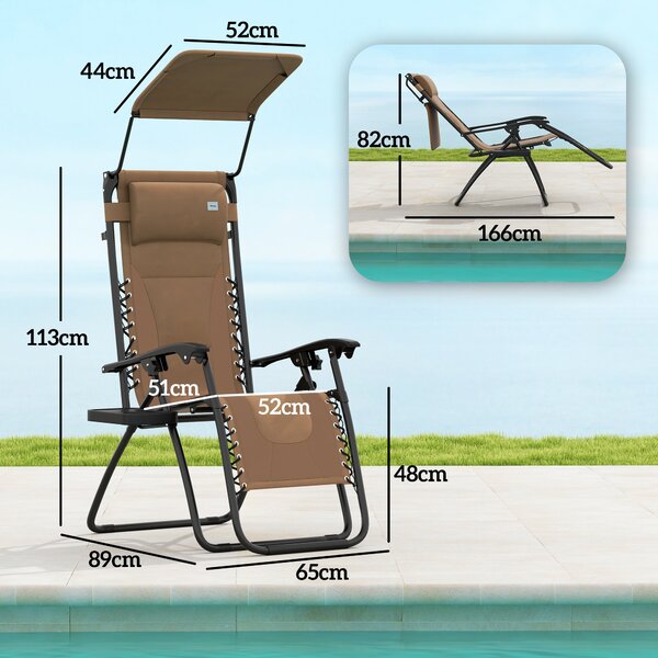Outsunny Zero Gravity Lounger Chair Set of 2, Folding Reclining Patio Chair with Shade Cover, Cup Holder, Soft Cushion and Headrest, Brown