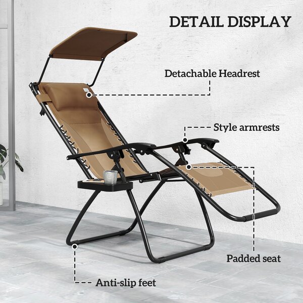 Outsunny Zero Gravity Lounger Chair Set of 2, Folding Reclining Patio Chair with Shade Cover, Cup Holder, Soft Cushion and Headrest, Brown