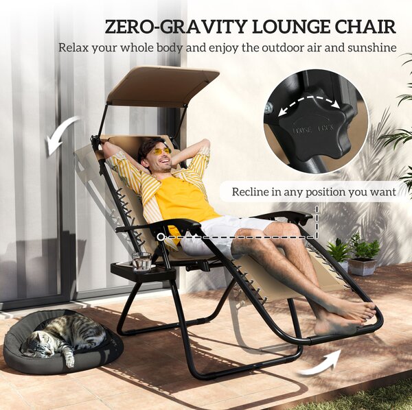 Outsunny Zero Gravity Lounger Chair Set of 2, Folding Reclining Patio Chair with Shade Cover, Cup Holder, Soft Cushion and Headrest, Brown