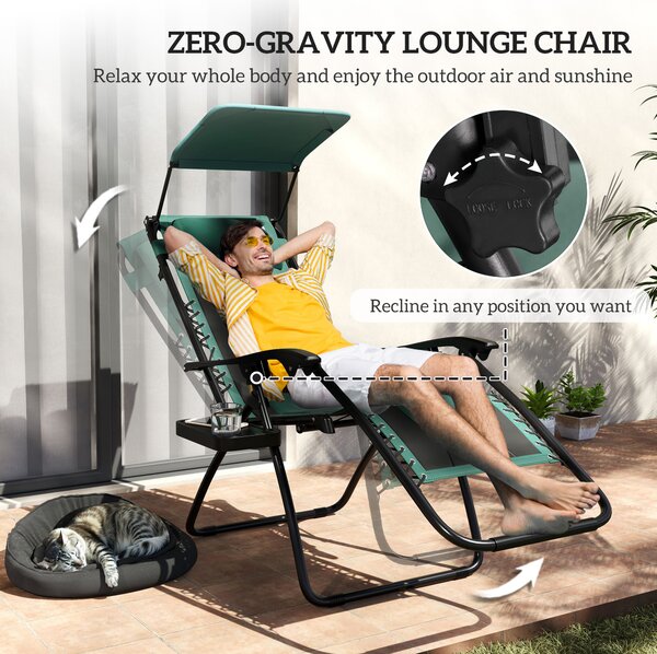 Outsunny Zero Gravity Lounger Chair, Folding Reclining Patio Chair with Shade Cover, Cup Holder, Headrest for Poolside, Camping, Green
