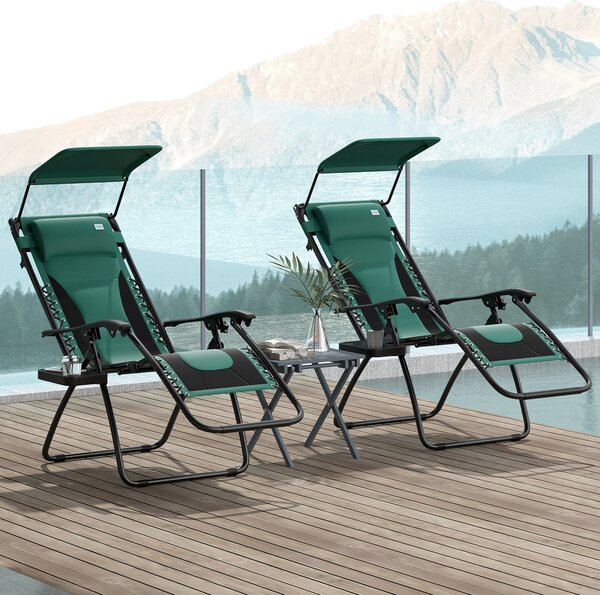 Outsunny Zero Gravity Lounger Chair Set of 2, Folding Reclining Patio Chair with Shade Cover, Cushion and Headrest for Poolside, Camping, Green