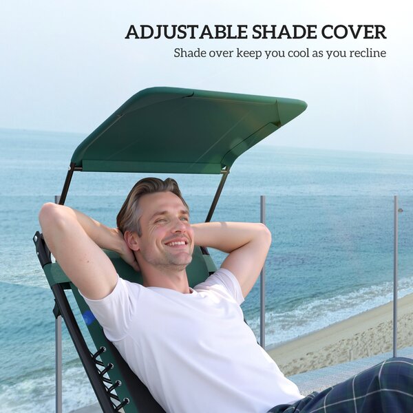 Outsunny Zero Gravity Lounger Chair, Folding Reclining Patio Chair with Shade Cover, Cup Holder, Headrest for Poolside, Camping, Green