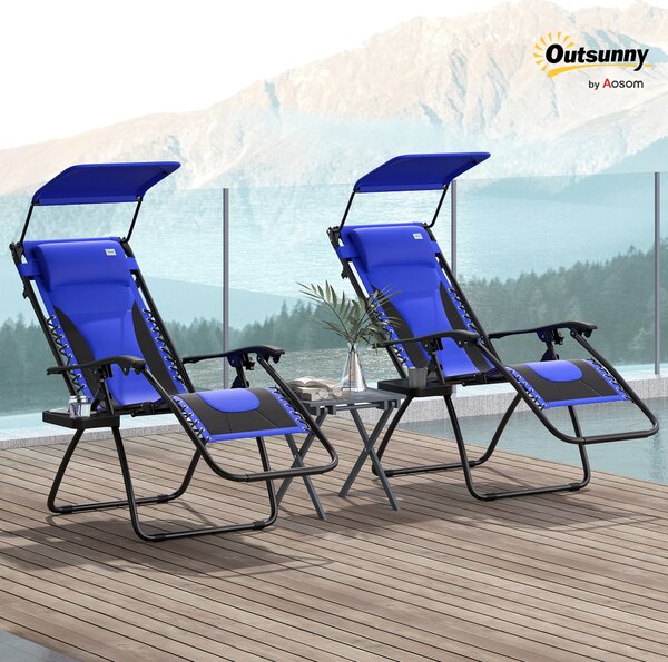 Outsunny Zero Gravity Lounger Chair Set of 2, Folding Reclining Patio Chair with Shade Cover, Soft Cushion and Headrest for Poolside, Camping, Blue