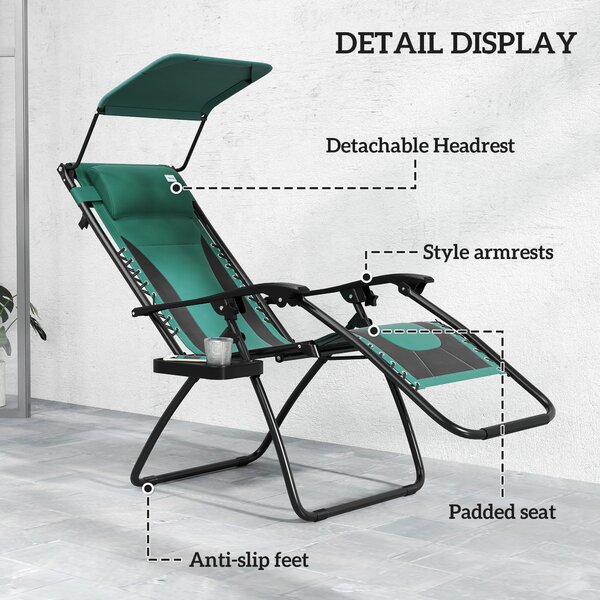 Outsunny Zero Gravity Lounger Chair, Folding Reclining Patio Chair with Shade Cover, Cup Holder, Headrest for Poolside, Camping, Green