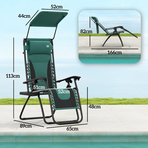 Outsunny Zero Gravity Lounger Chair, Folding Reclining Patio Chair with Shade Cover, Cup Holder, Headrest for Poolside, Camping, Green