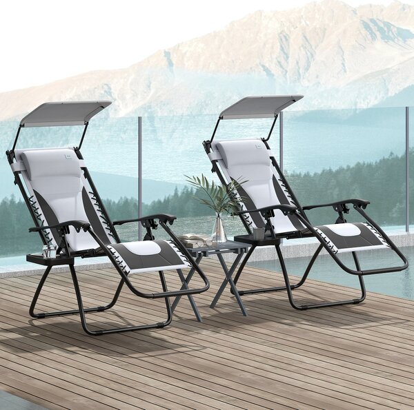 Outsunny Zero Gravity Lounger Chair Set of 2, Folding Reclining Patio Chair with Shade Cover, Cup Holder for Poolside, Camping, Light Grey