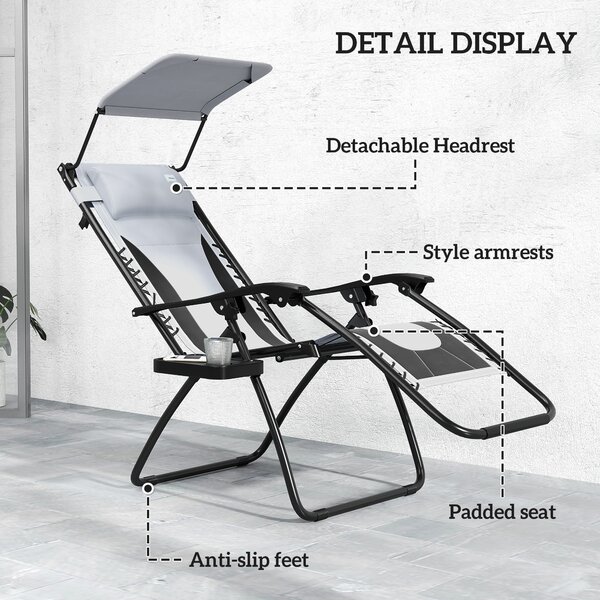Outsunny Zero Gravity Lounger Chair Set of 2, Folding Reclining Patio Chair with Shade Cover, Cup Holder for Poolside, Camping, Light Grey