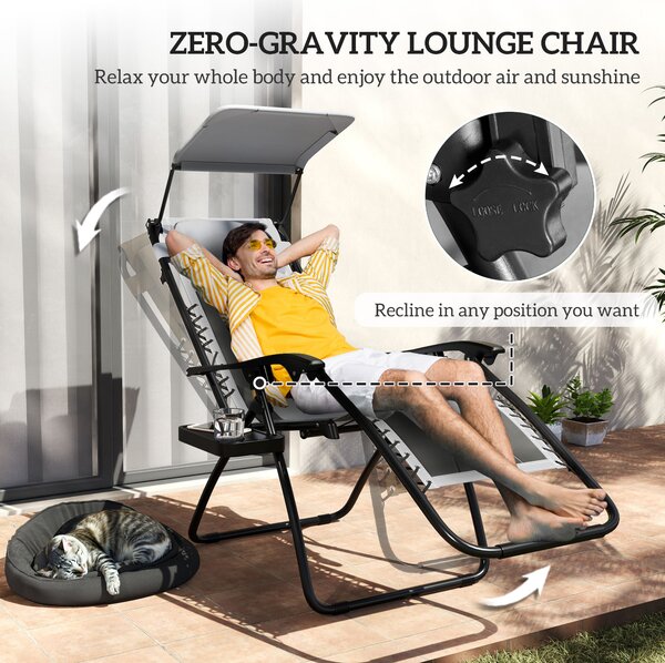 Outsunny Zero Gravity Lounger Chair Set of 2, Folding Reclining Patio Chair with Shade Cover, Cup Holder for Poolside, Camping, Light Grey