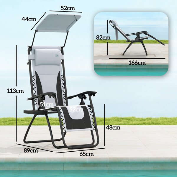 Outsunny Zero Gravity Lounger Chair Set of 2, Folding Reclining Patio Chair with Shade Cover, Cup Holder for Poolside, Camping, Light Grey