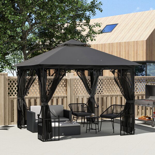 Outsunny 3 x 3(m) Garden Gazebo Patio Party Tent Shelter Outdoor Canopy Double Tier Sun Shade Metal Frame Netting, Dark Grey