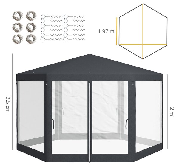 Outsunny 4M Hexagon Gazebo, Netting Party Tent, Patio Canopy Outdoor Event Shelter for Activities, Shade Resistant, Dark Grey