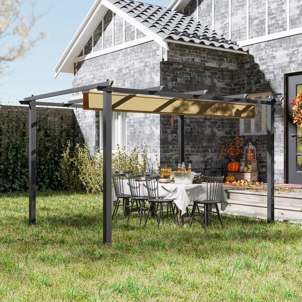 Outsunny 3x4m Aluminium Pergola with Retractable Roof, Heavy Duty Outdoor Patio Canopy Shelter with Weather Resistant Frame, Khaki Aosom UK