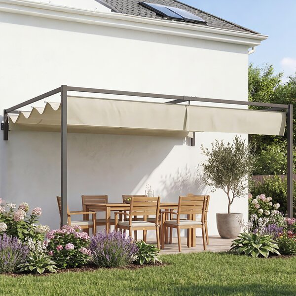Outsunny 3 x 4m Lean To Steel Pergola, with Moving Fabric Canopy - Khaki