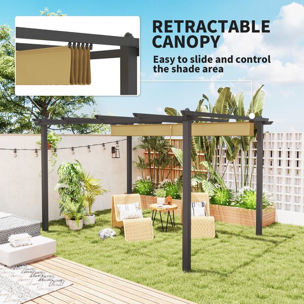 Outsunny 3x4m Aluminium Pergola with Retractable Roof, Heavy Duty Outdoor Patio Canopy Shelter with Weather Resistant Frame, Khaki Aosom UK