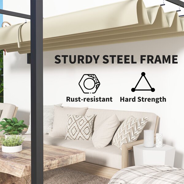 Outsunny 3 x 4m Lean To Steel Pergola, with Moving Fabric Canopy - Khaki