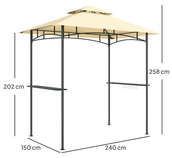 Outsunny 8' x 5' Grill Gazebo, Double Tiered BBQ Gazebo Shelter Canopy with LED Lights, 2 Side Shelves, Hooks, Beige