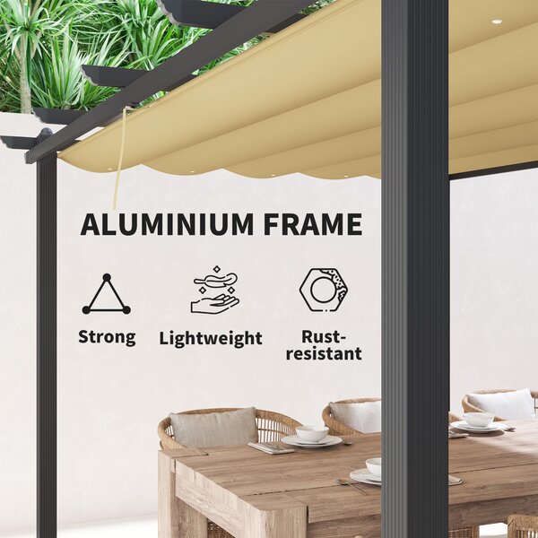 Outsunny 3x4m Aluminium Pergola with Retractable Roof, Heavy Duty Outdoor Patio Canopy Shelter with Weather Resistant Frame, Khaki Aosom UK