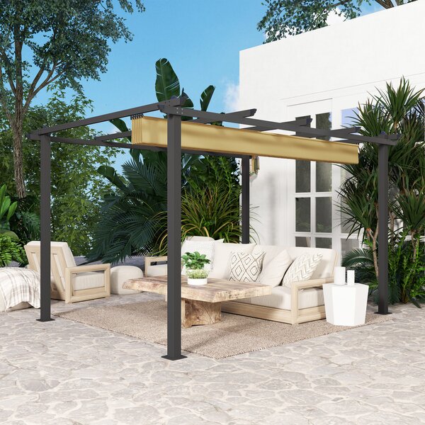 Outsunny 3x4m Aluminium Pergola with Retractable Roof, Heavy Duty Outdoor Patio Canopy Shelter with Weather Resistant Frame, Khaki Aosom UK
